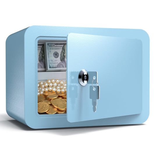 0.23 Cub Safe, Mini Home Safes for Money,Small Safe Box with Key, Coin and Cash, Security Safes for Kids, Lock Box for Personal Items with Size 6.69”Dx 9.06”Wx 6.69”H (Blue)