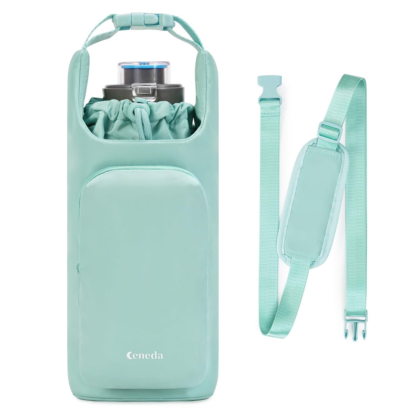 Ceneda Water Bottle Carrier Bag with Phone Pocket 32oz 40oz Tumbler Insulated Water Bottle Holder with Adjustable Shoulder Strap Carrier Sling Bag (Mint Green)