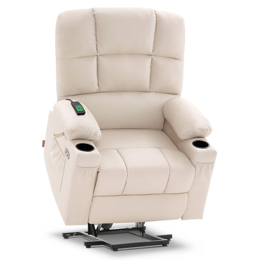 MCombo Medium Lay Flat Dual Motor Power Lift Recliner Chair Sofa with Massage and Heat for Elderly People, Infinite Position, Faux Leather 7679 (Cream White, Medium)