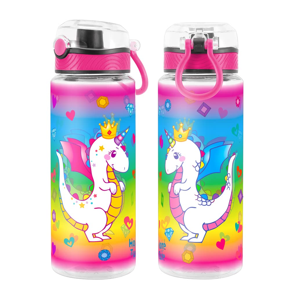 Cute Water Bottle for School Kids Girls, BPA FREE Tritan & Leak Proof & Easy Clean & Carry Handle, 23oz/ 680ml (Dragon)