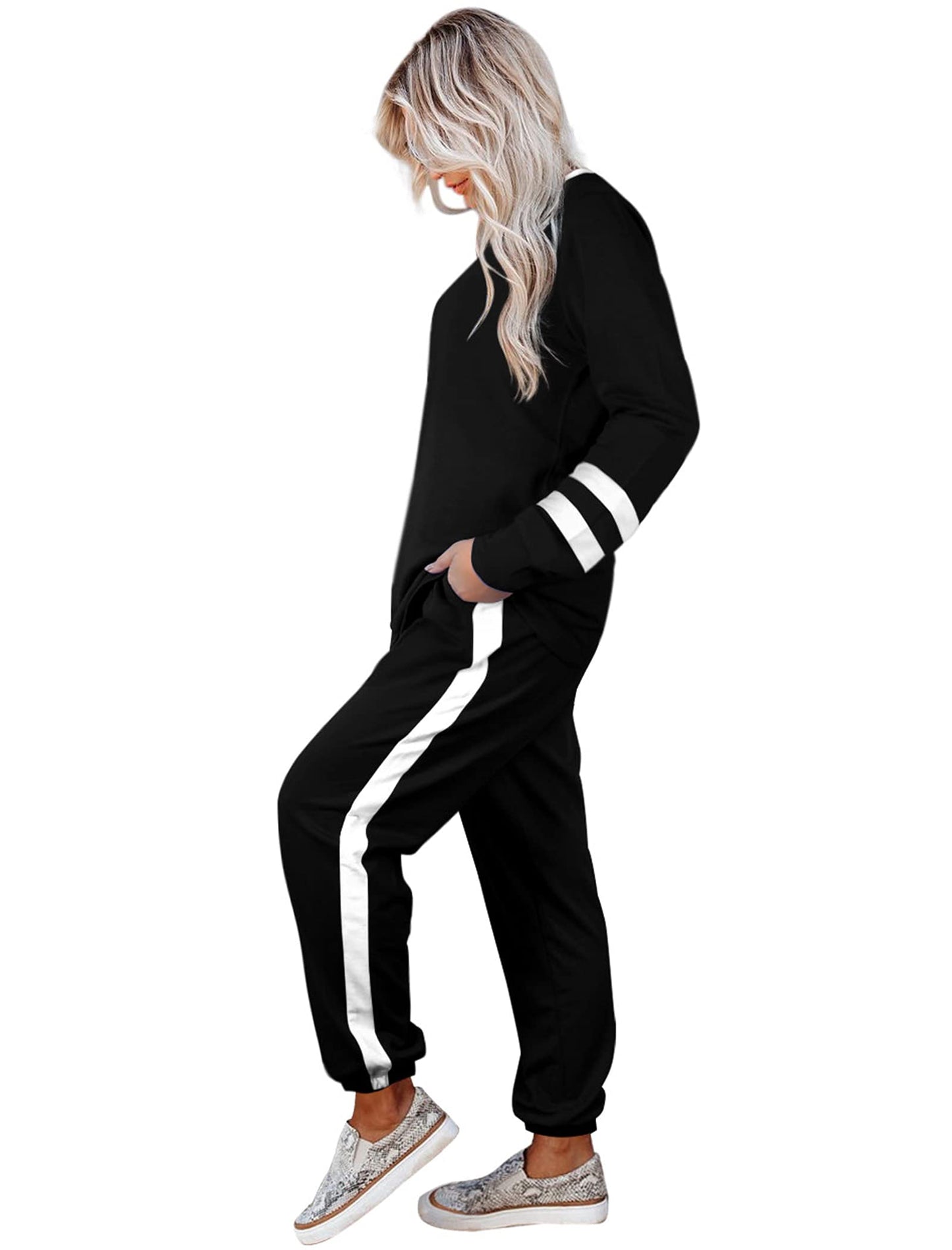 Aloodor Lounge Sets for Women Loungewear Set Casual Stripe Sleeve Tops Black XS