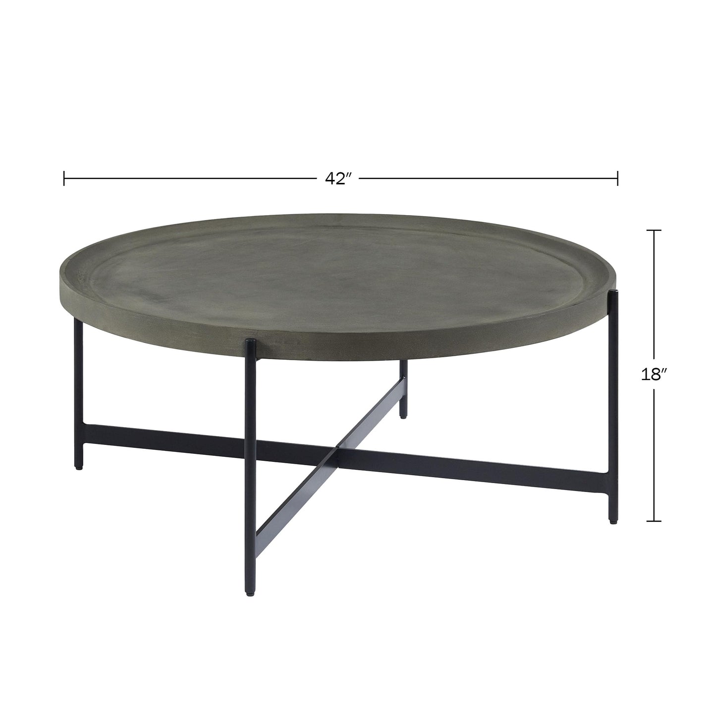 Alaterre Furniture Brookline 42-Inch Round Concrete-Coated Wood Coffee Table with Tray Top and Black Iron Legs – Industrial Farmhouse Living Room Accent Table with X-Frame Base
