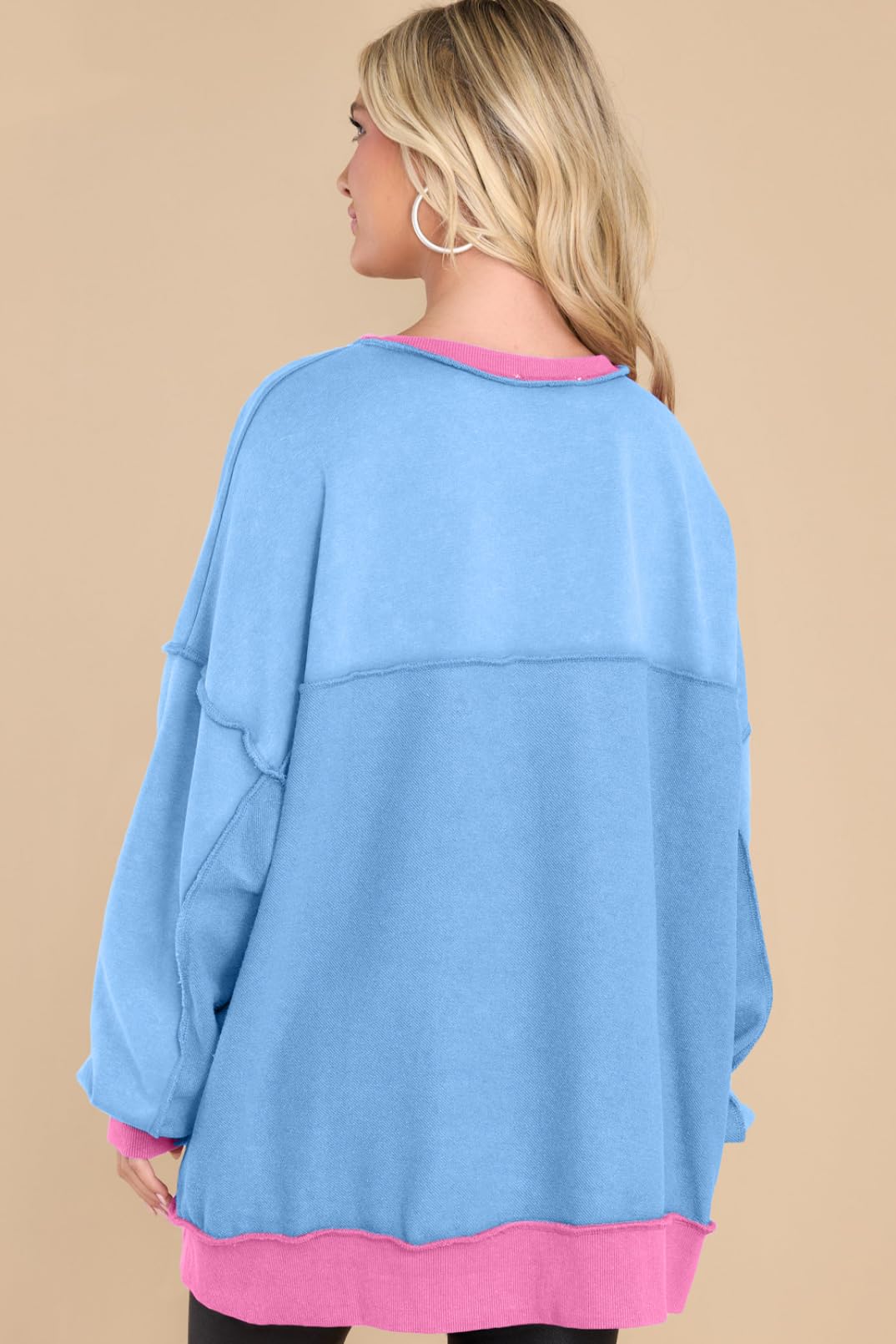 AlvaQ Pullover Sweatshirts For Women 2024 Winter Loose Long Sleeve Button Down Casual Henley Neck Colorblock Drop Shoulder Sweatshirt Tops Sky Blue Pink X-Small