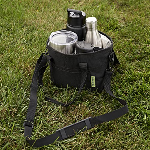 NoNa & Bee 4 Water Bottle Holder with Strap | Family Size 4 Compartment Drink Bag, Multiple Tumbler Carrier Caddy | Adjustable Fits Large & Small Drinks | Hands Free, Won't Tip Over in Car (Black)