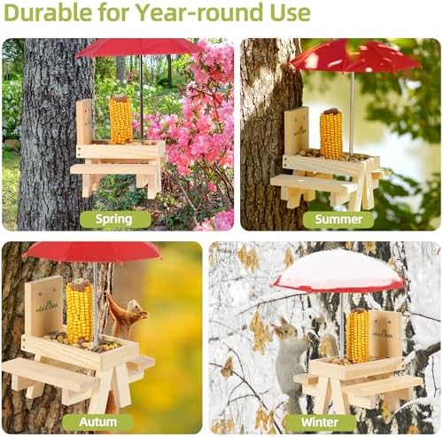MIXXIDEA Squirrel Feeder Table with Umbrella, Wooden Squirrel Picnic Table Feeder, Sturdy Squirrels Feeder Corn Cob Holder, with Solid Structure and 2 x Thick Benches(1pk)