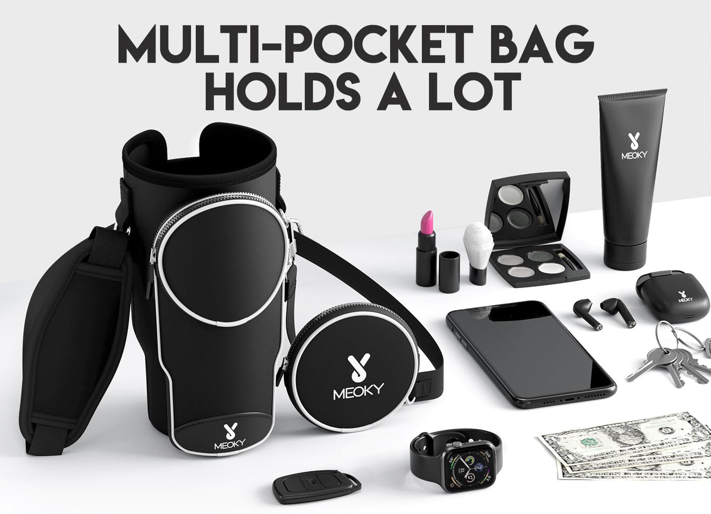Meoky Water Bottle Carrier Bag with Phone Pocket for 40 oz Tumbler with Handle, Neoprene Water Bottle Holder Pouch with Adjustable Strap, 2 Carabiner Clips (Night)