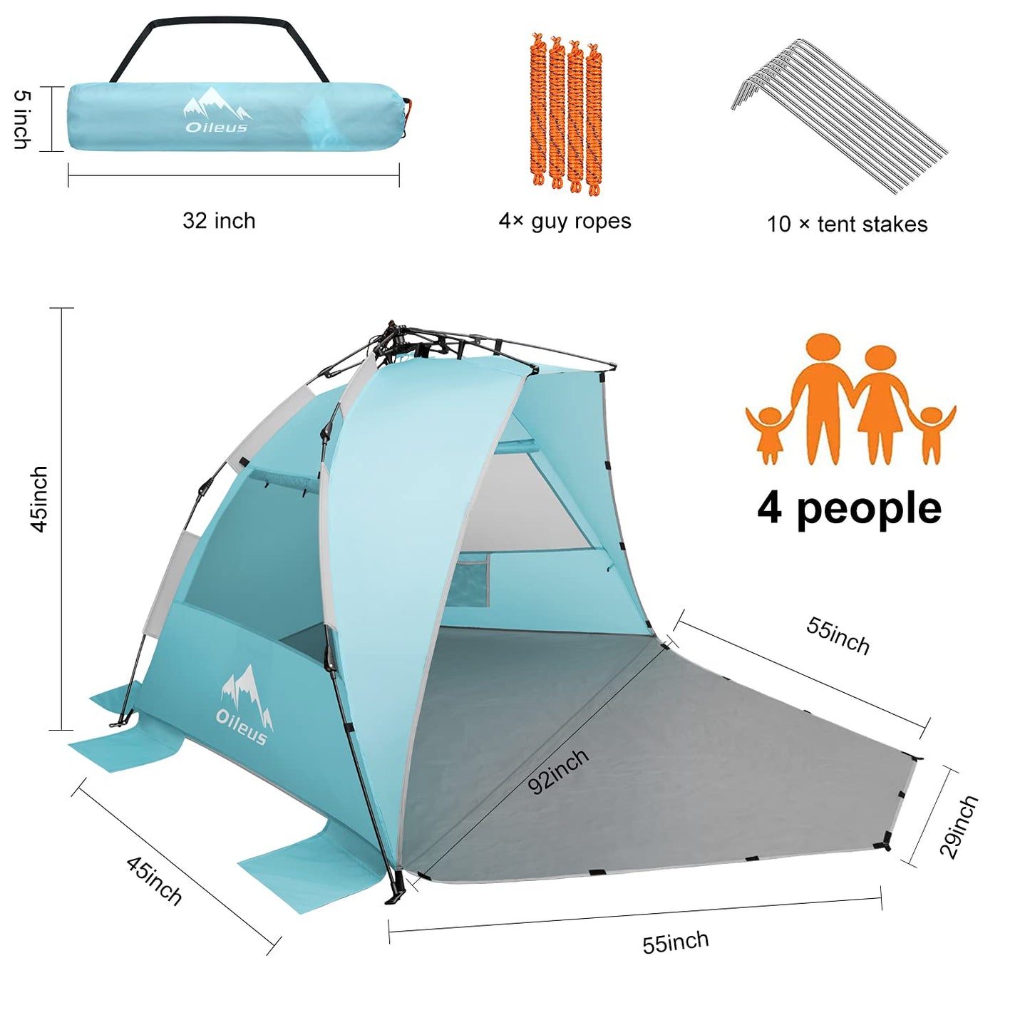 Oileus X-Large 4 Person Beach Tent Sun Shelter - Portable Sun Shade Instant Tent for Beach with Carrying Bag, Stakes, 6 Sand Pockets, Anti UV for Fishing Hiking Camping, Waterproof Windproof, Sky Blue