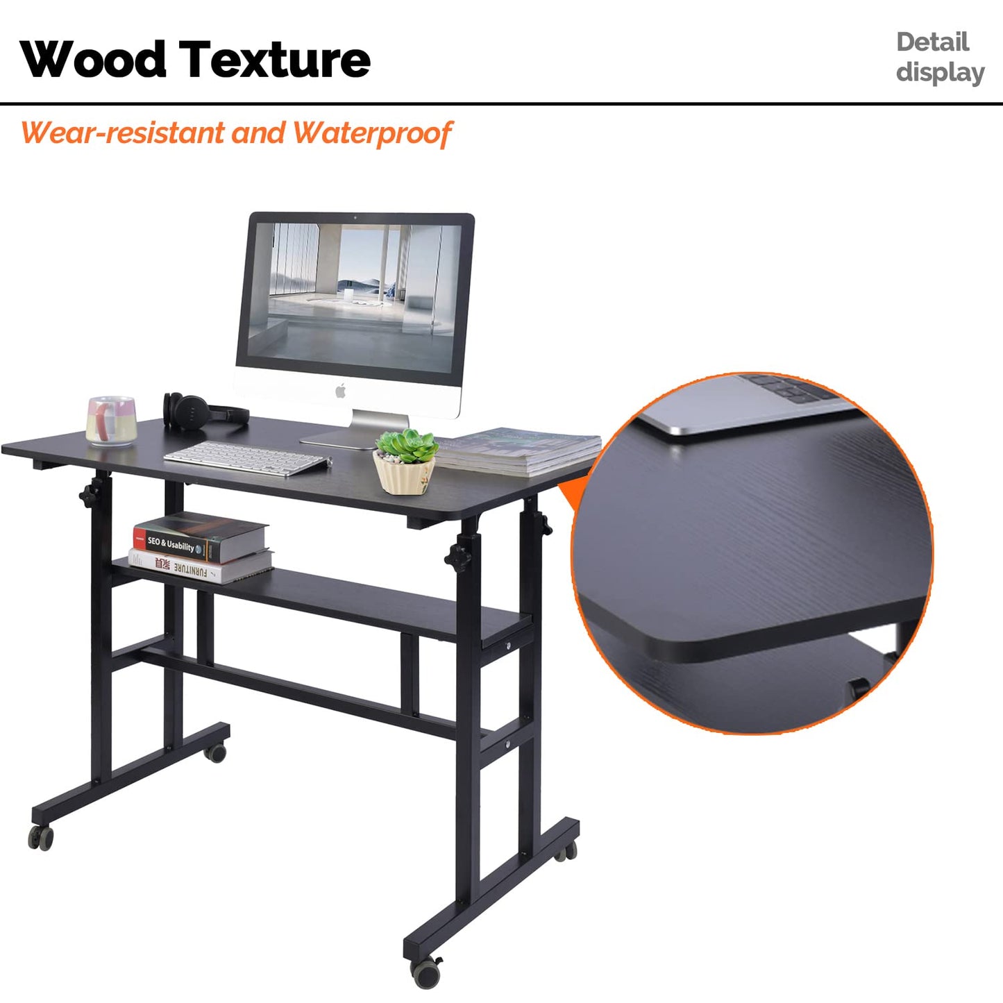AIZ Mobile Standing Desk, Adjustable Computer Desk with Rolling Wheels, Home Office Double-Layer Computer Workstation with USB Ports and Outlets, Portable Laptop Table for Standing or Sitting, Black