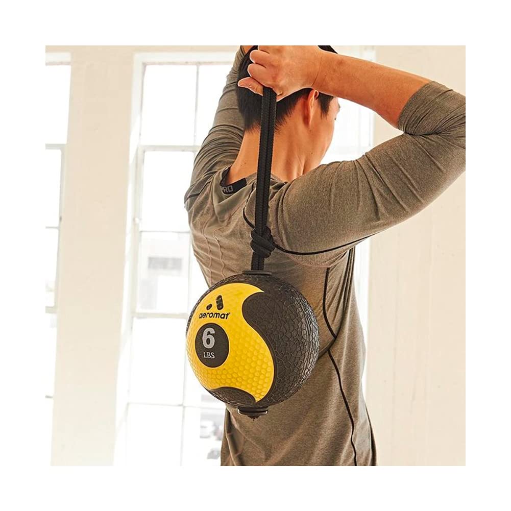 AEROMATS Elite Power Rope Medicine Ball for Core Strength/Rotational Movements Training - 6 lbs - Black/Yellow - 9" Diameter - 39" Rope