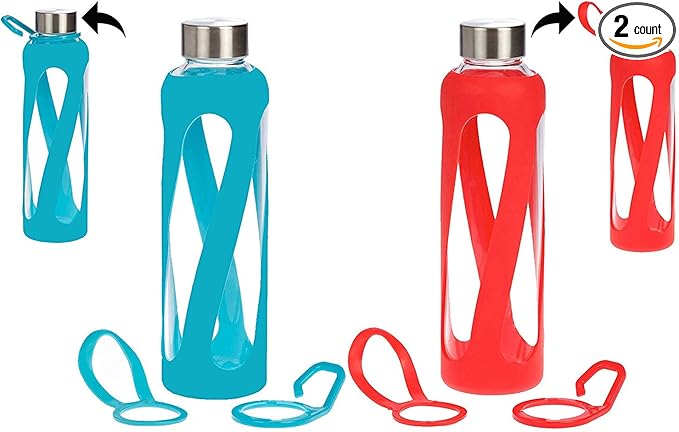 1, 2, 3, 4- PACKS - 20 oz Leak Proof, Reusable Pure Borosilicate Tempered Glass Water Bottle, Non-Slip Silicone Sleeve, 2 Attachments: Loop and Hook, Free of BPA, BPS, BPF, PVC, Phthalates