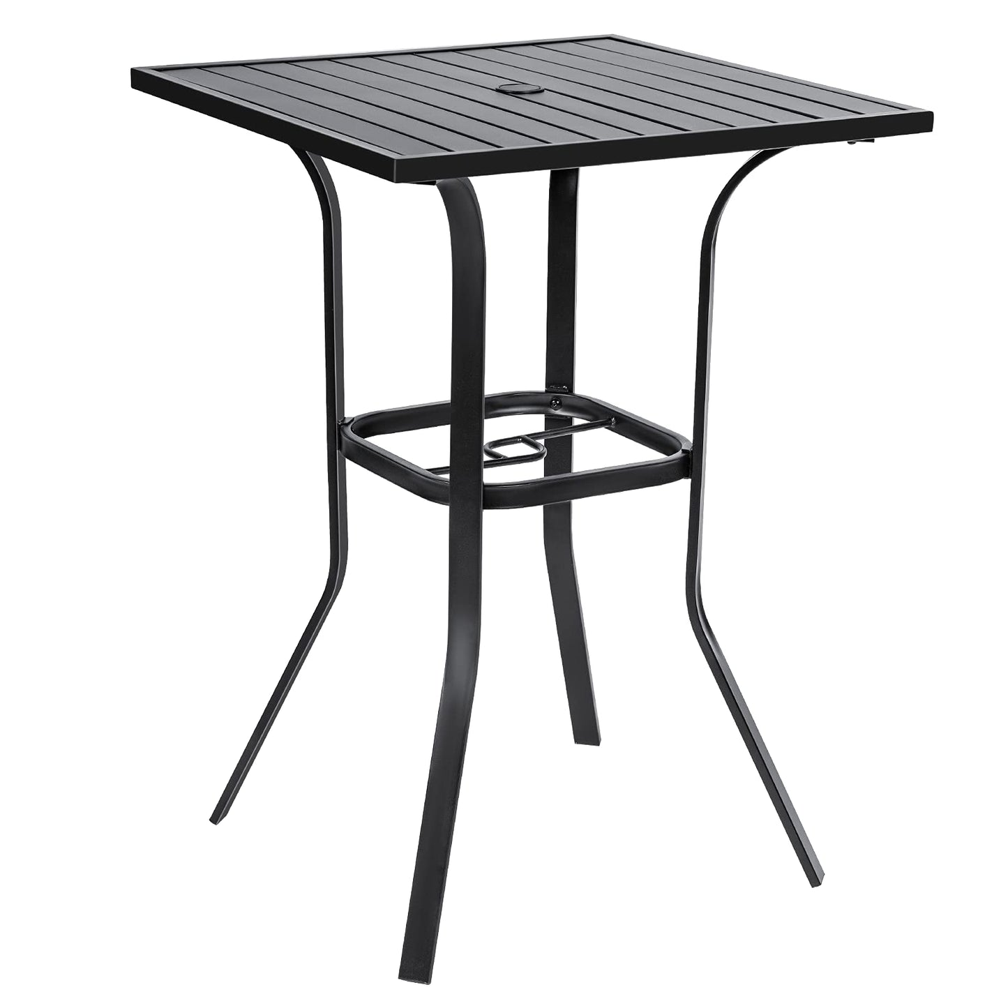 Incbruce Patio High Bar Table, 39" Height Bistro Table with 1.57'' Umbrella Hole, Square Outdoor High Top Table Metal Steel Frame and Slat Design (Slatted Tables Top), Black