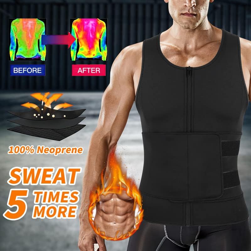 SHAPERIN Sweat Sauna Vest for Men Waist Trainer Body Shaper Zipper Neoprene Tank Top with Adjustable Belt Black S