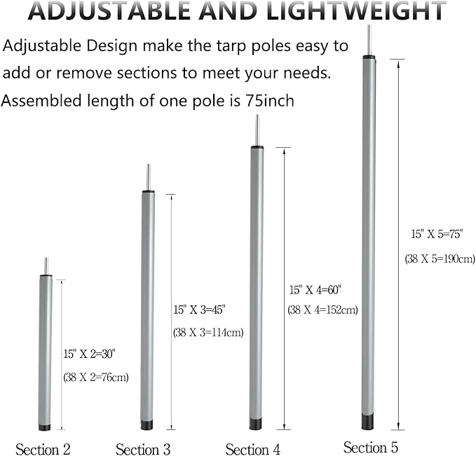 Tent Poles Adjustable Tarp Poles Steel Rods for Tarp Canopy Camping Replacement Set of 2 +Pegs & Reflective Ropes