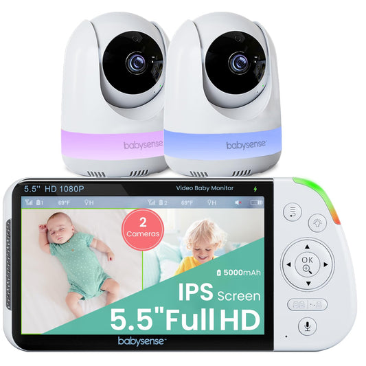 Babysense 5.5” 1080p Full HD Split-Screen Baby Monitor, Video Baby Monitor with 2 Cameras and Audio, 6-Color RGB Night Light, 1000ft Range, Two-Way Audio, 4X Zoom, 5000mAh Battery