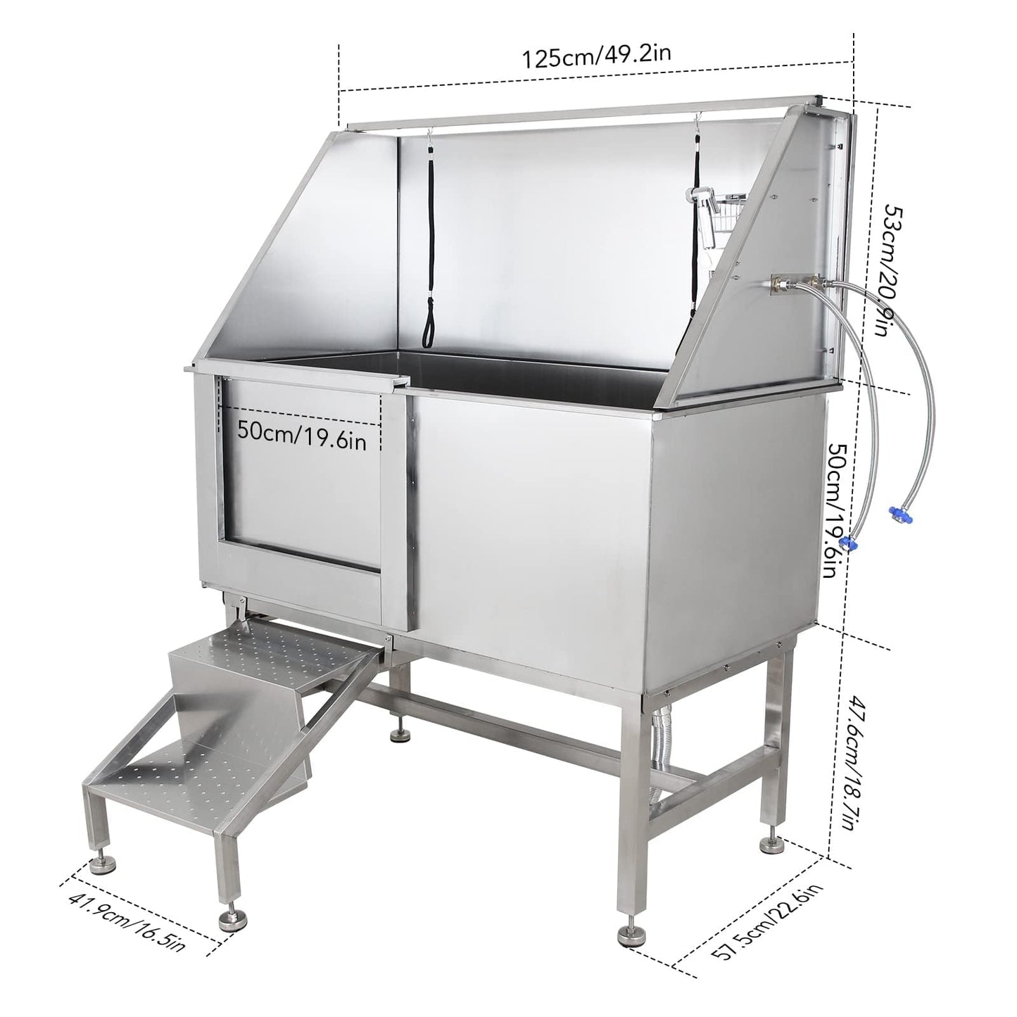 PioneerWorks 50" Pet Dog Grooming Bathing Station, Professional Stainless Steel Dog Grooming Tub w/Removable Ramp, Storage Drawer, Floor Grate, Dog Bathtab for Large, Medium & Small Pets, Left Door