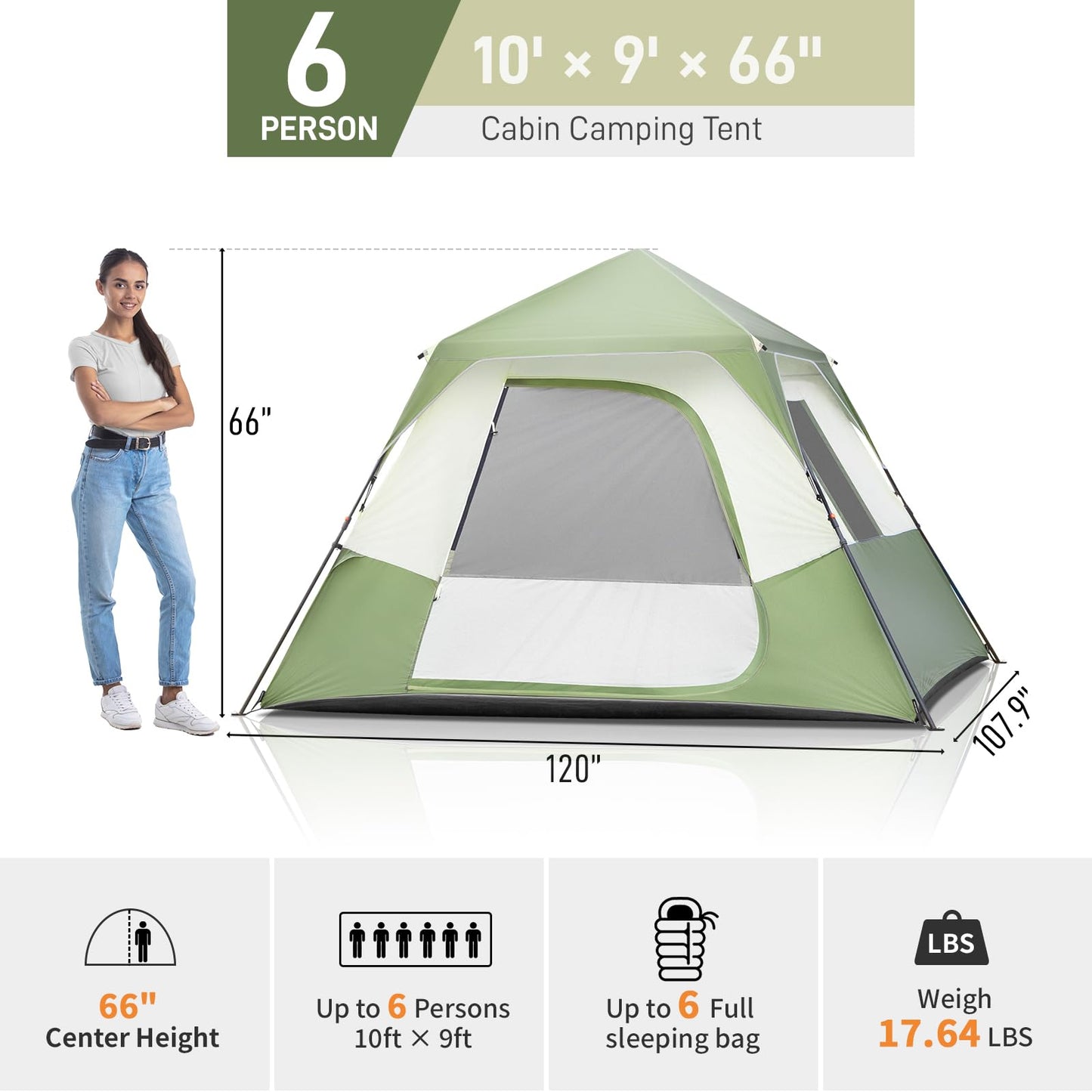 Outvita Camping Tent - 4/6 Person Waterproof, Portable Backpacking With Instant Setup, Double Fabric for Family Camping, Hiking, Outdoor - Set Up Within 60 Seconds, Army Green
