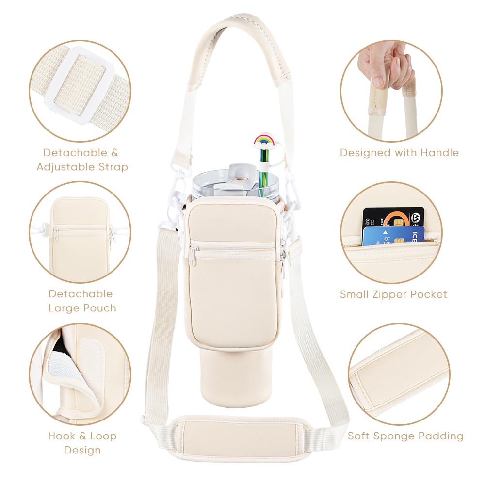 3 in 1 Water Bottle Carrier Bag with Pouch Pocket fits Stanley 40 oz Tumbler, Water Bottle Holder with Strap for Stanley Cup Accessories with Stainless Steel Straws, Straw Cover, Spill Proof Stoppers