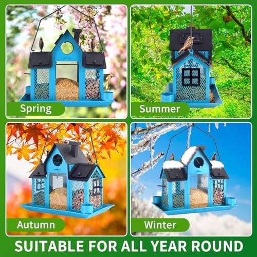 Solar Bird Feeders House for Outside Hanging, Metal Wild Bird Feeder for Outdoors, Large Cardinal Bird Feeder Birdhouses Squirrel Proof (Blue)
