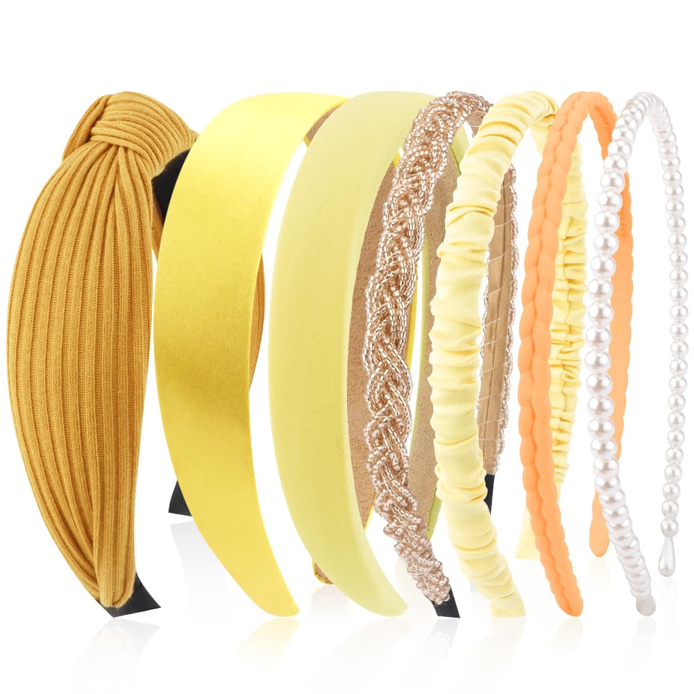 AHONEY 7 Pack Yellow Headbands for Women Girls Headbands Trendy Non Slip Hairbands Cute Hair Accessories Multi-style Headband Pack Diademas Para Mujer (Yellow)