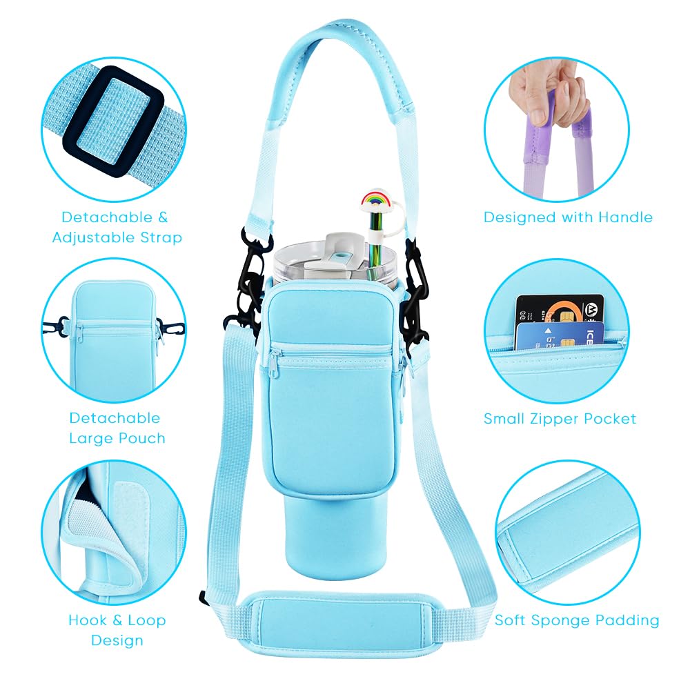 Evelame 3 in 1 Water Bottle Carrier Bag with Pouch Pocket fits Stanley 40 oz Tumbler, Water Bottle Holder with Strap for Stanley Cup Accessories with Stainless Steel Straws, Straw Cover (Blue)