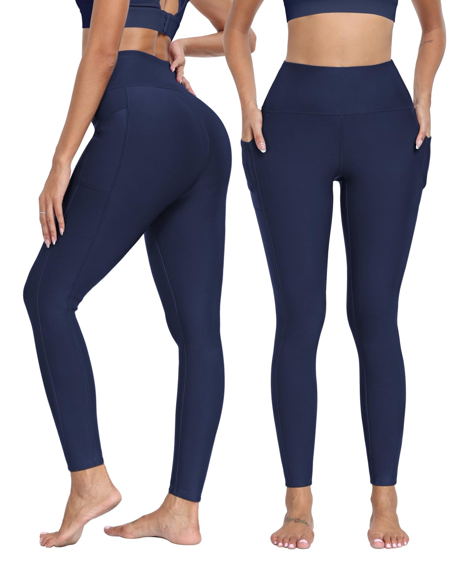 NORMOV Fleece Lined Leggings with Pockets for Women,High Waisted Winter Thermal Warm Sherpa Leggings(Navy, XL)