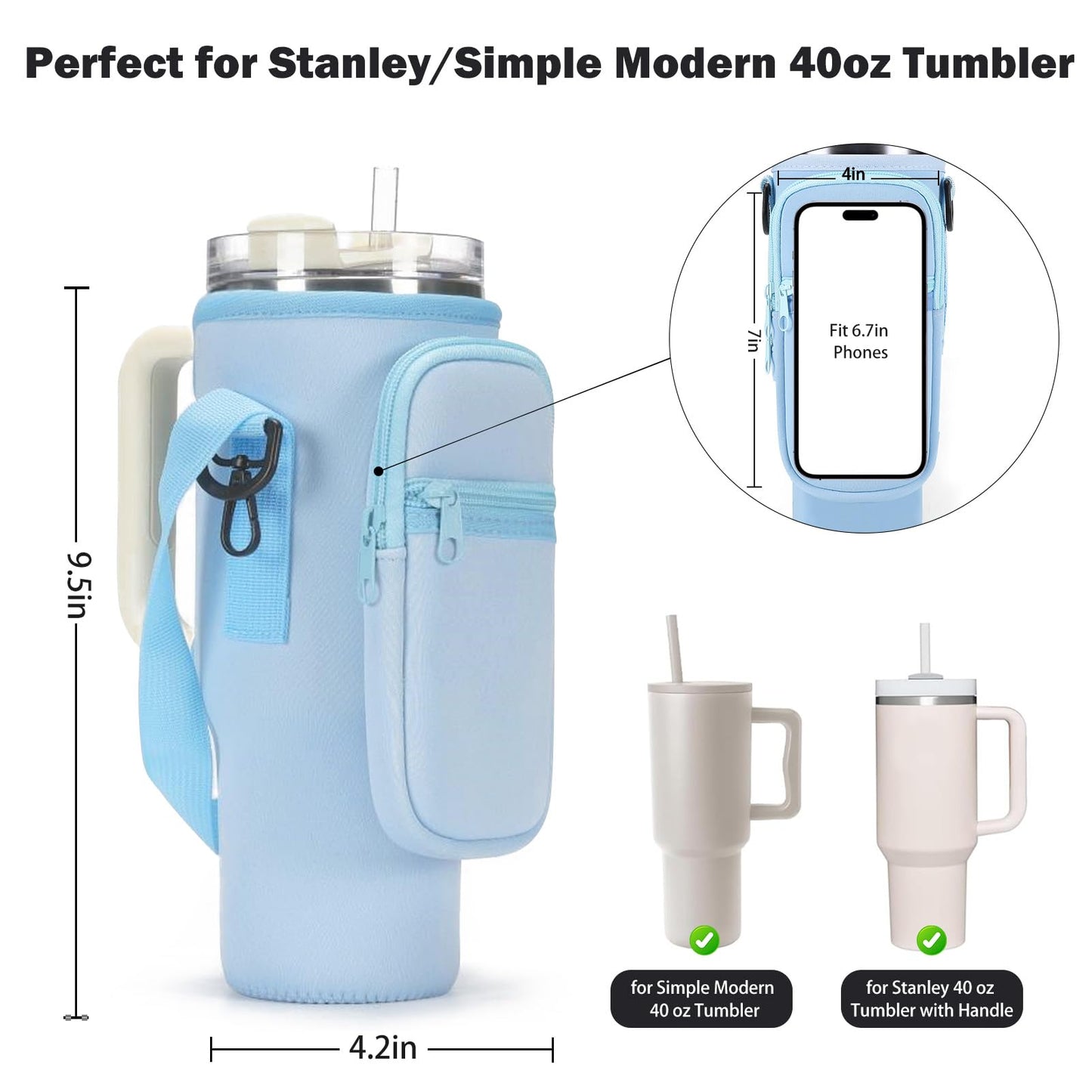GOEWY Water Bottle Carrier Bag for Stanley 40oz Tumbler with Phone Pocket Water Bottle Holder with Strap Neoprene Water Bottle Pouch for Stanley Cup Accessories
