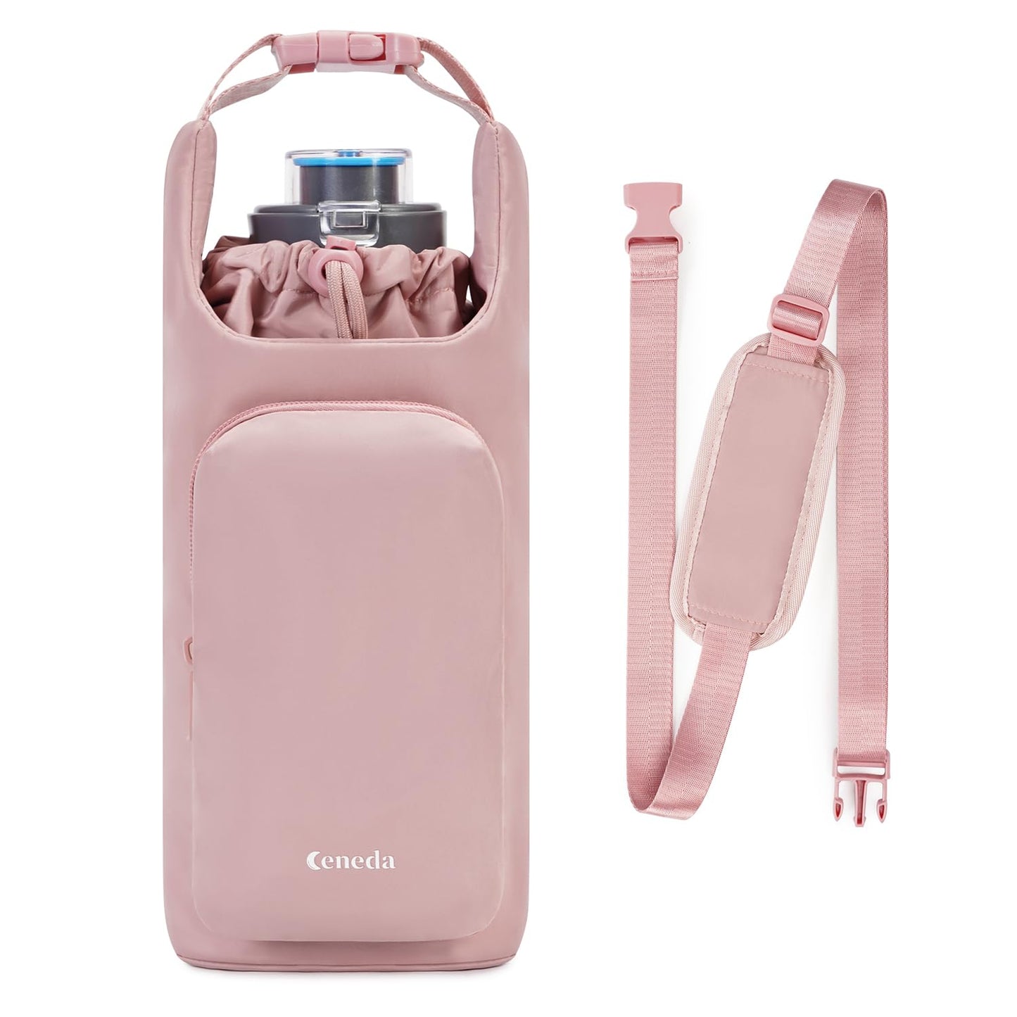 Ceneda Water Bottle Carrier Bag with Phone Pocket 32oz 40oz Tumbler Insulated Water Bottle Holder with Adjustable Shoulder Strap Carrier Sling Bag (Pink)
