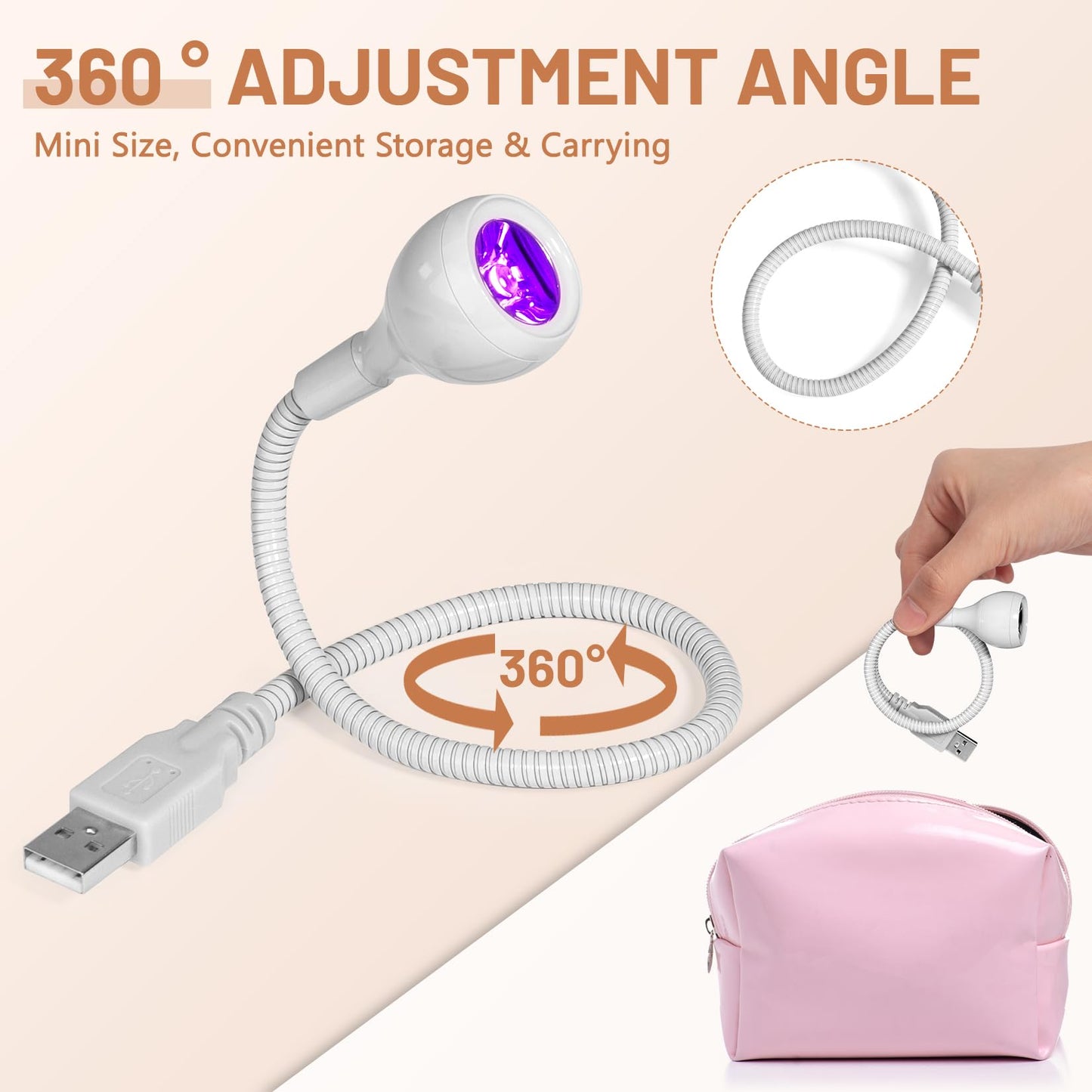 AORAEM UV LED Nail Lamp, 3W Portable Duck Neck UV Nail Lamps Dryer Gel Polish Curing Light with White Gooseneck for Gel Nails Tips USB Plug Play Nails Salon and Home DIY