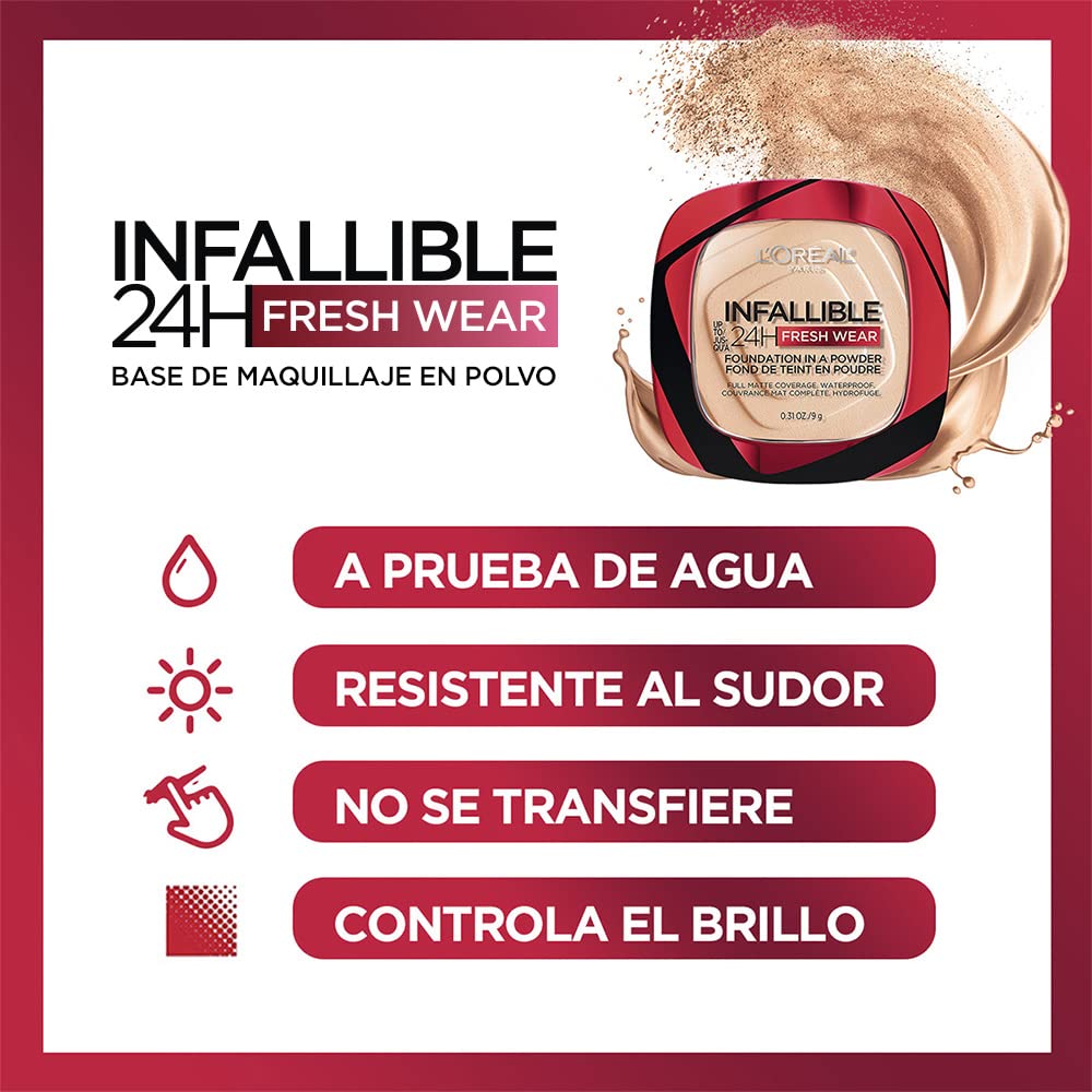 L'Oreal Paris Makeup Infallible Fresh Wear Foundation in a Powder, Up to 24H Wear, Waterproof, Linen, 0.31 oz.