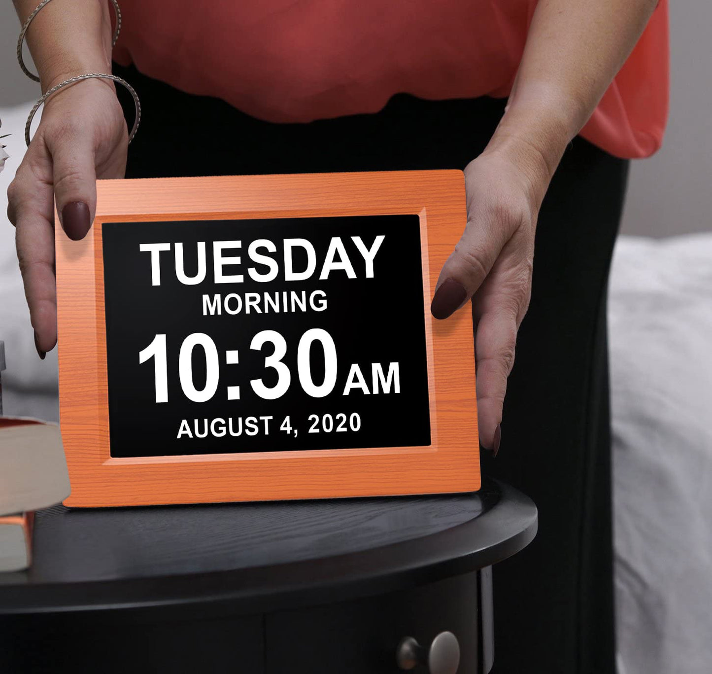 American Lifetime 【New 2025】 Dementia Clock Large Digital Clock for Seniors, Alzeimer Clock Large Display with Custom Alarms, Clock with Day & Date for Elderly, Digital Calendar Brown Wood