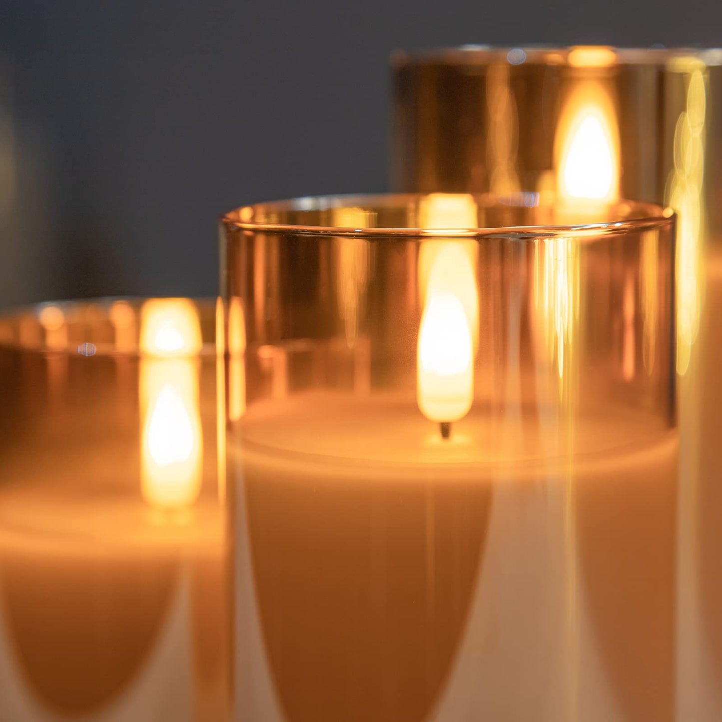 ANGELLOONG Glass Flickering Flameless Candles with Remote, Battery Operated Candles with Timer, Fake LED Pillar Candles for Home Fireplace Mantle Bathroom Decor, Gold