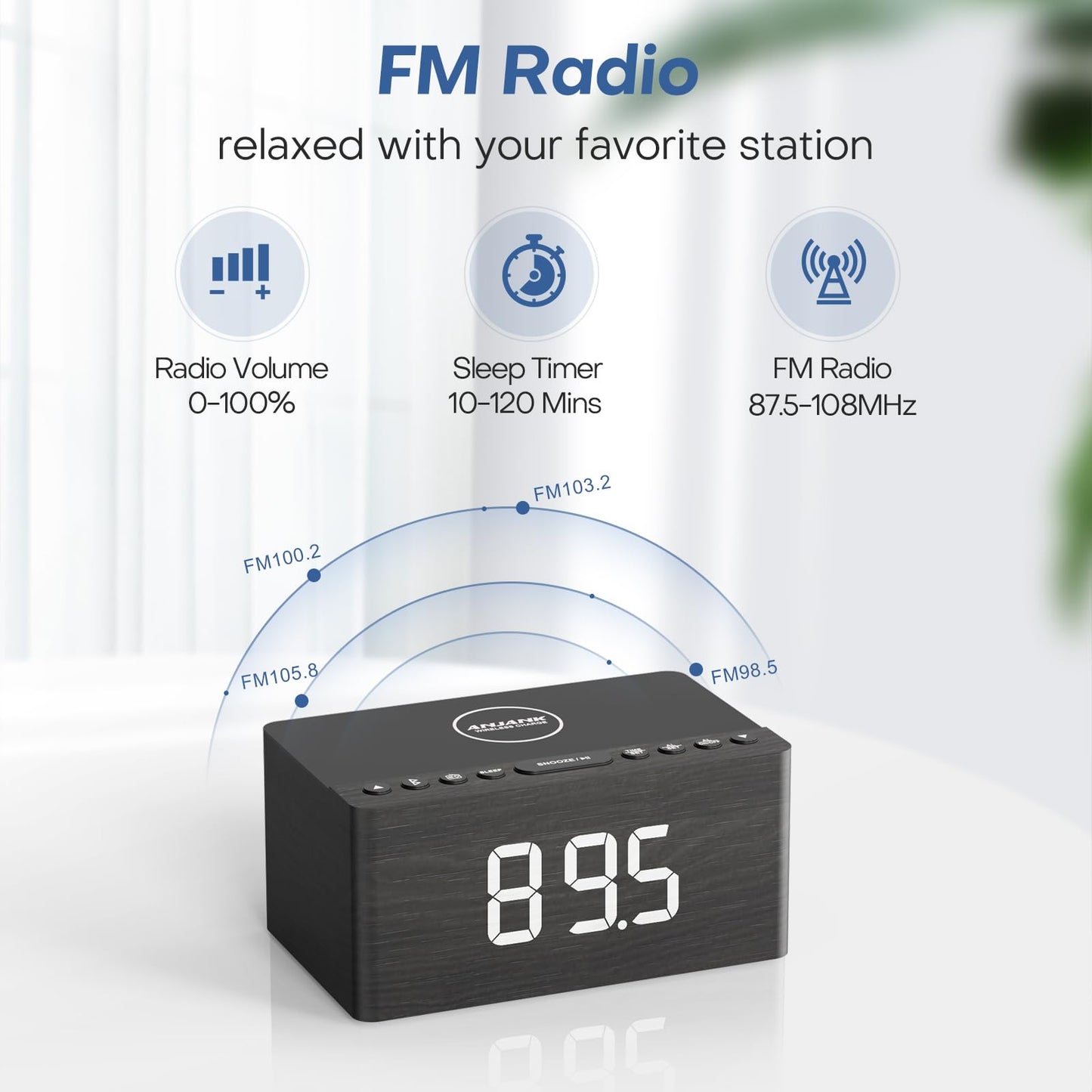 ANJANK Wooden Bluetooth Speaker, Alarm Clock with FM Radio, Qi Certified Fast Wireless Charging Station for iPhone/Samsung, USB Charger Port, Dimmable Display, Digital Wood Clock for Bedroom, Bedside