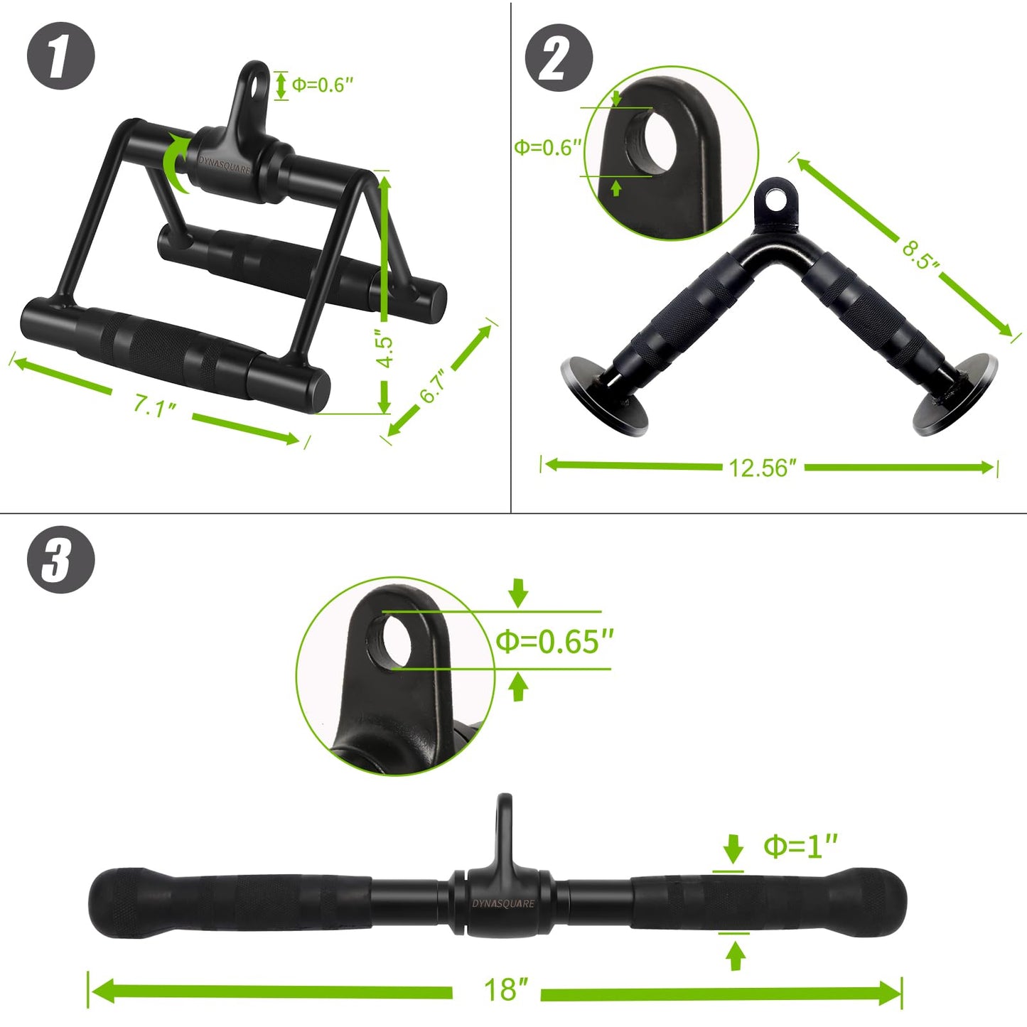 DYNASQUARE Cable Attachments for Home Gym, Made of Heavy Duty Solid Steel, LAT Pulldown Attachment, Weight Machine Accessories, Straight Pull Down Bar, Tricep Rope, Exercise & Double D Handle