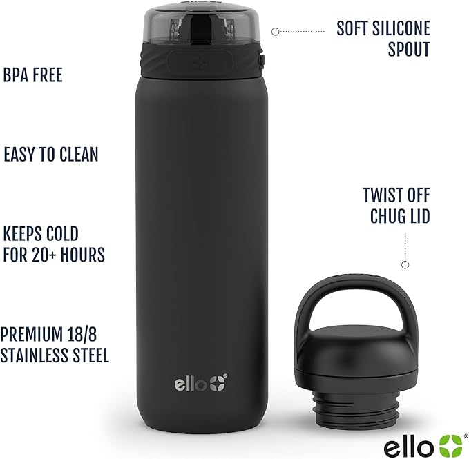 Ello Cooper 22oz Stainless Steel Water Bottle with 2 Lids Chug and Straw | Leak Proof Double Walled and Vacuum Insulated | Fits Car Cupholder | Built in Carry Loop | Dishwasher Safe | Halogen Blue