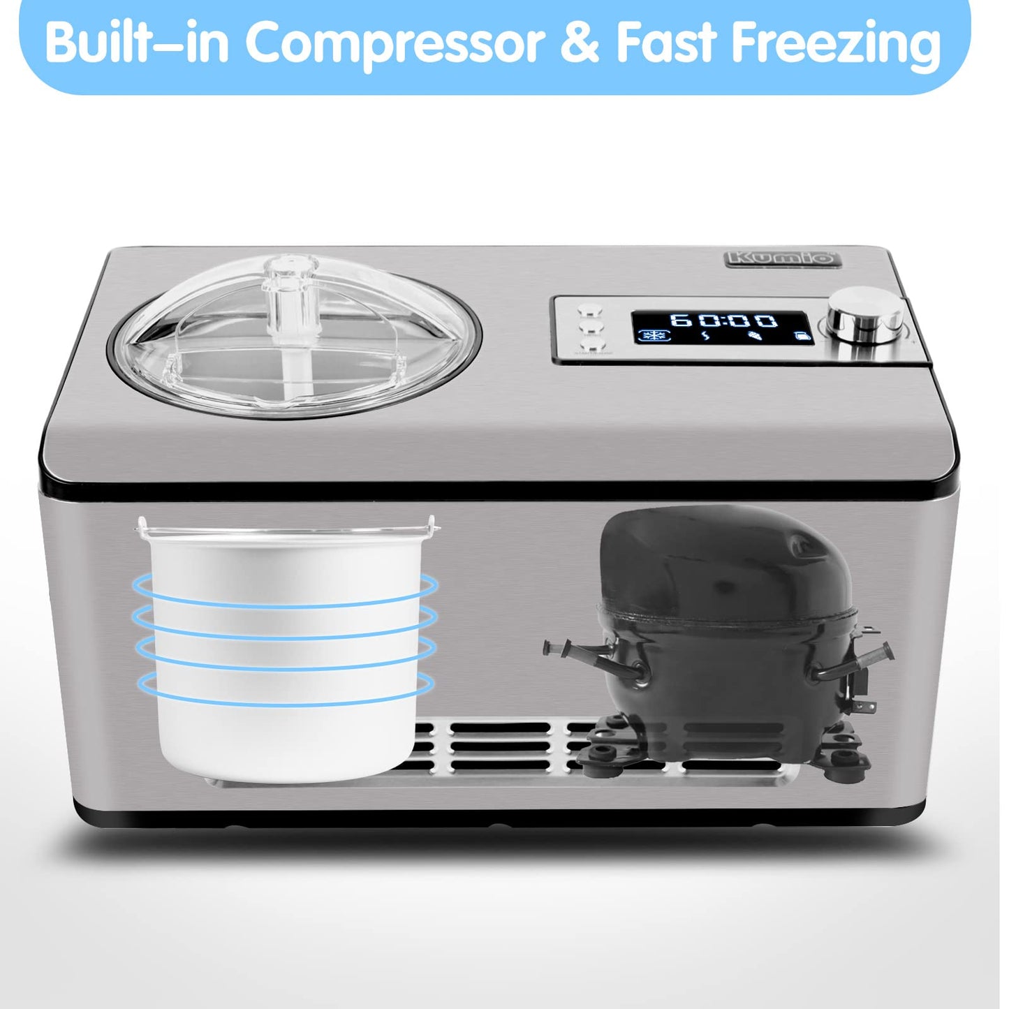 KUMIO 2.2-Quart Ice Cream Maker with Compressor, 2 in 1 Ice Cream Yogurt Machine, No Pre-Freezing, Stainless Steel Ice Cream Maker Machine with LCD Display, No Pre-Freezing