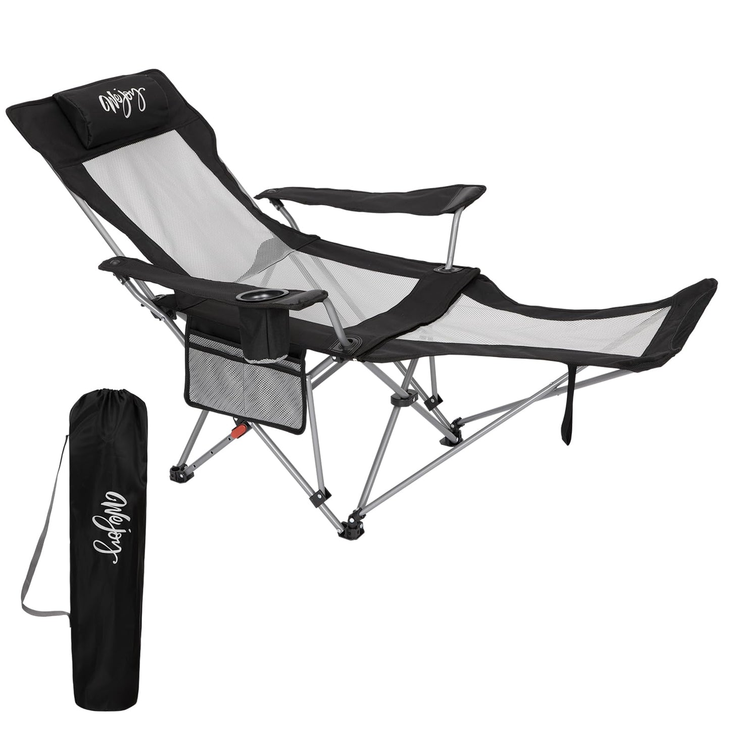#WEJOY 2-in-1 Reclining Camping Chair with Footrest for Adults Folding Lounge Chair with Adjustable Backrest Lightweight Camping Chairs Heavy Duty Camp Chairs for Outdoor (1, Black Grey)