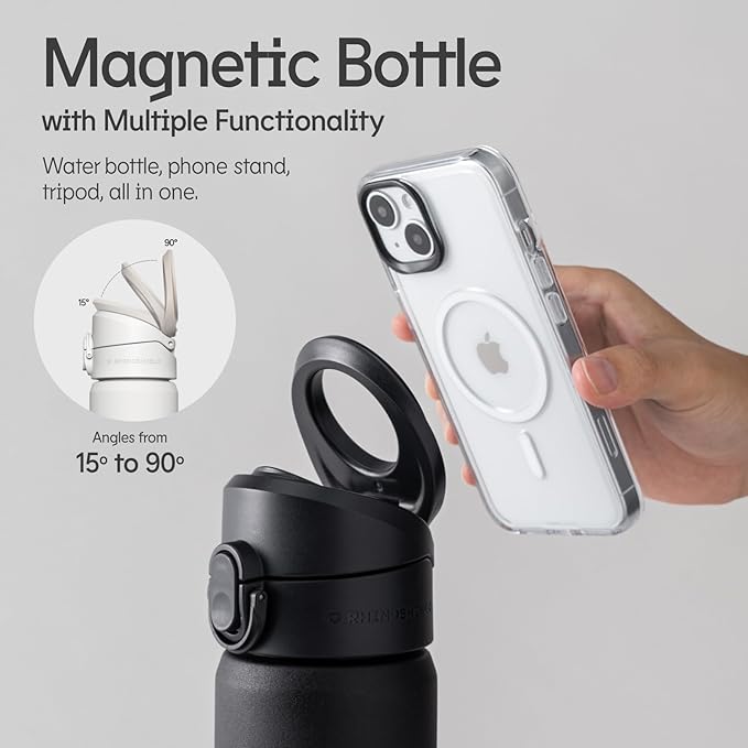 RHINOSHIELD AquaStand Magnetic Bottle 23 oz | Stainless Steel Insulated Water Bottle with Straw Lid, Sport Bottle with MagSafe Compatible Handle, Tripod with Adjustable Angles, Leak Proof - White