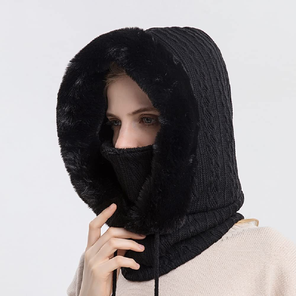 AkiiGer Womens Winter Hats, Warm Hooded Scarf Hat for Women, Fleece Beanie Hats with Drawstring, Winter Balaclava Knit Skull Cap(Black)