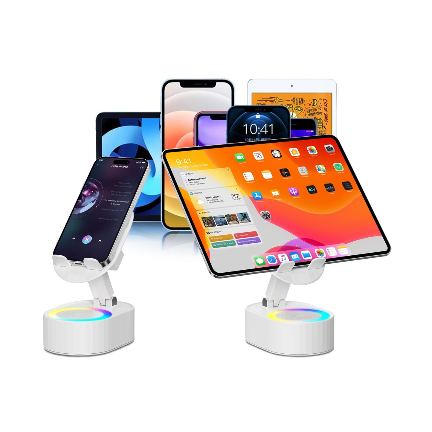 AKLLCCR Wireless Induction Audio Bluetooth Speaker 5in1 Phone Holder Emergency Rechargeable (3000mAh) with Colorful Ambient Light 300° Foldable for Tablet iPhone Android, Gifts for Men Women (White)