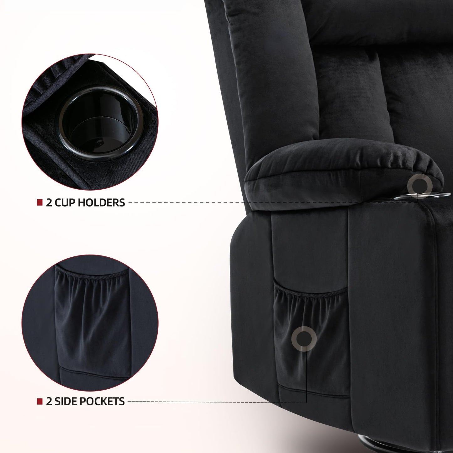 COMHOMA Recliner Chair,360° Swivel Rocker Glider Recliners with Cup Holders, Upholstered Fabric Rocking Chair for Adults,Manual Reclining Single Sofa for Living Room,Black