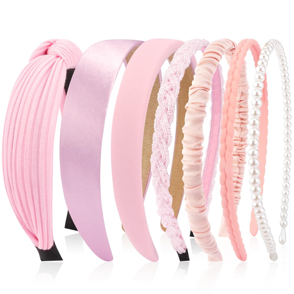 AHONEY 7 Pack Pink Headbands for Girls Women Headbands Trendy Non Slip Hairbands Cute Hair Accessories Multi-style Headband Pack Diademas Para Mujer (Pink)