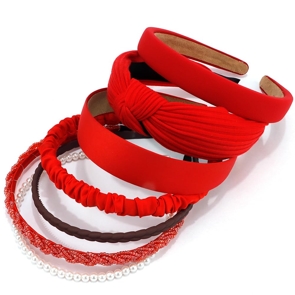 AHONEY 7 Pack Red Headbands for Women Christmas Headbands Trendy Non Slip Hairbands Cute Hair Accessories Multi-style Headband Pack (Redl)