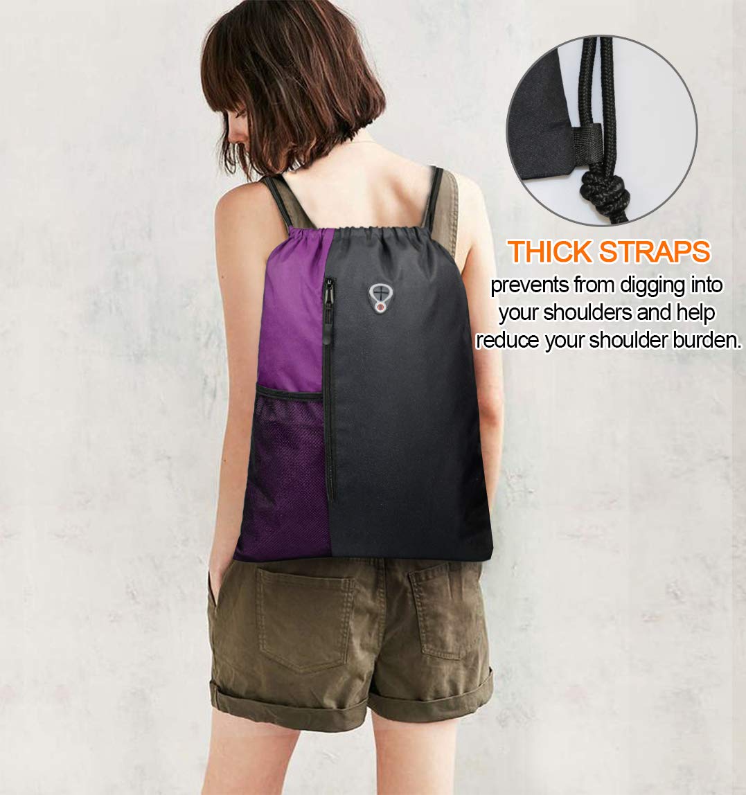 BeeGreen Purple Drawstring Backpack Sports Gym Bag for Women Men Large Cinch Sack workout Bag with Zipper and Water Bottle Mesh Pockets, 16 x 20 inch