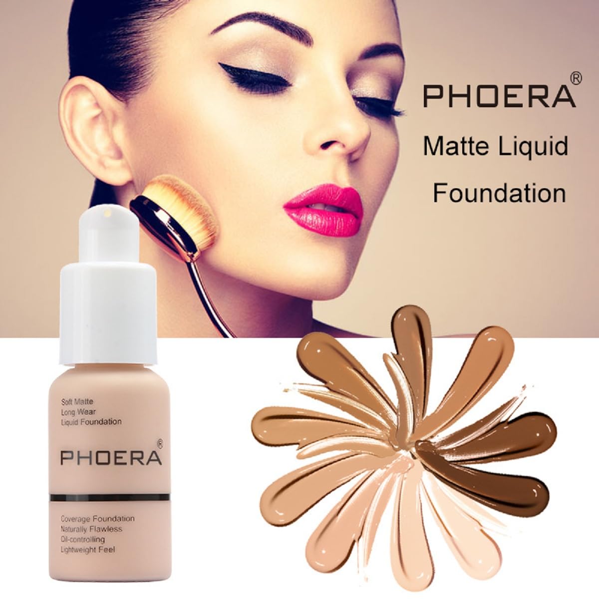 PHOERA Foundation,Flawless Soft Matte Liquid Foundation 24HR Oil Control Concealer Foundation Makeup (1 Pcs-104- Buff Beige)