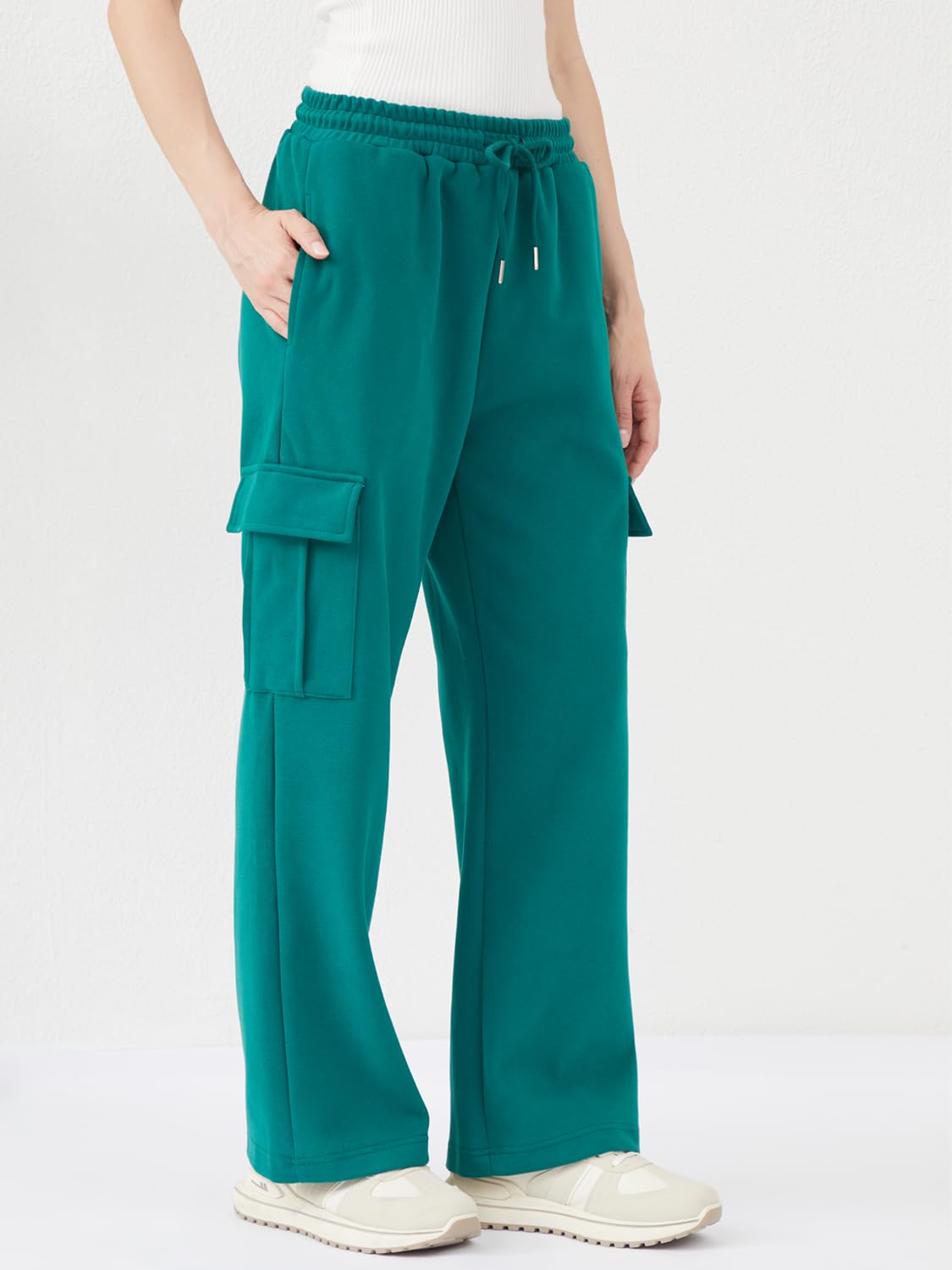 EYZH Womens Cargo Sweatpants High Waist Wide Leg Pants Drawstring Pockets Women Lounge Workout Long Pants Fall Winter Clothes Dark Green