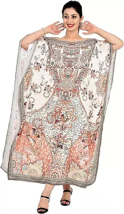 ANJANIYA Kimono Maxi Dress Floral Long Kaftan Plus Size Caftan Gown Nightdress Kimono Women (Beige)