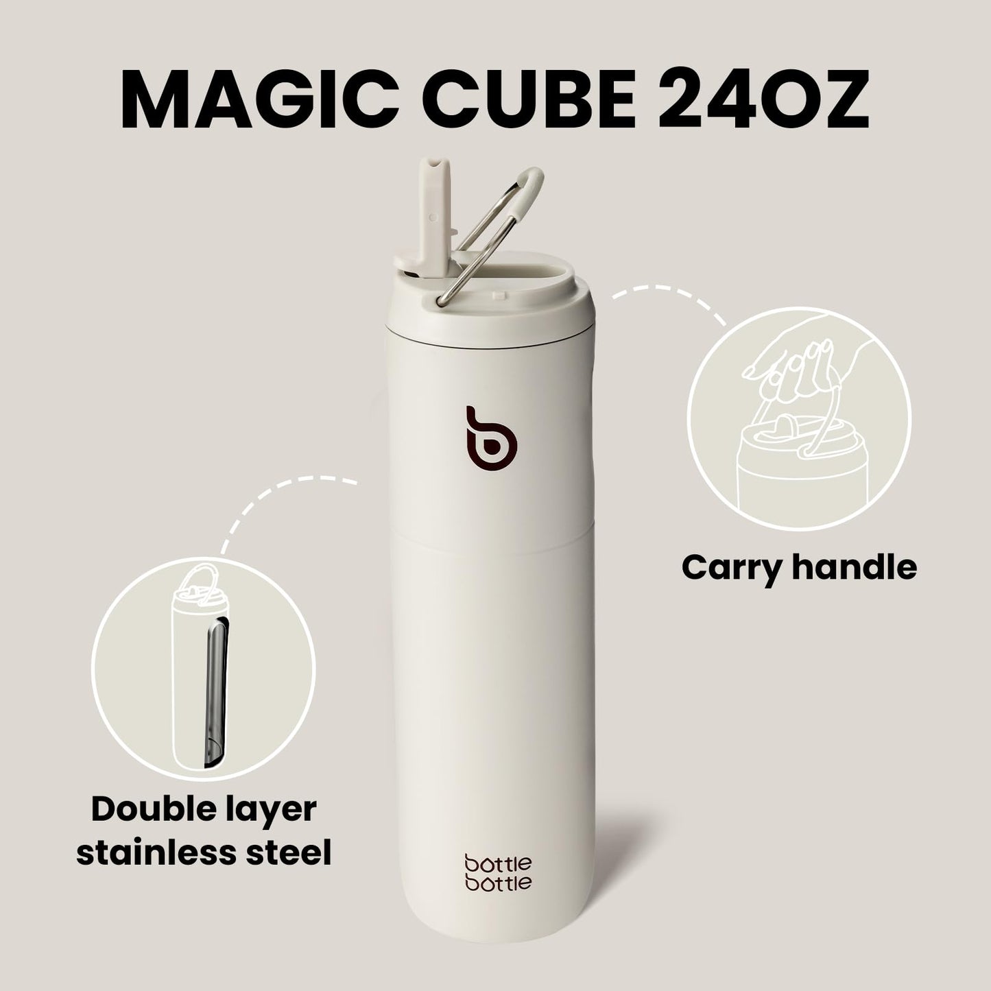 BOTTLE BOTTLE Insulated Water Bottle 24oz with Straw Lid and Handle for Sports Travel Gym Stainless Steel Water Bottles Double-Wall Vacuum Metal Thermos Bottles Leak Proof BPA-Free (Light Gray)
