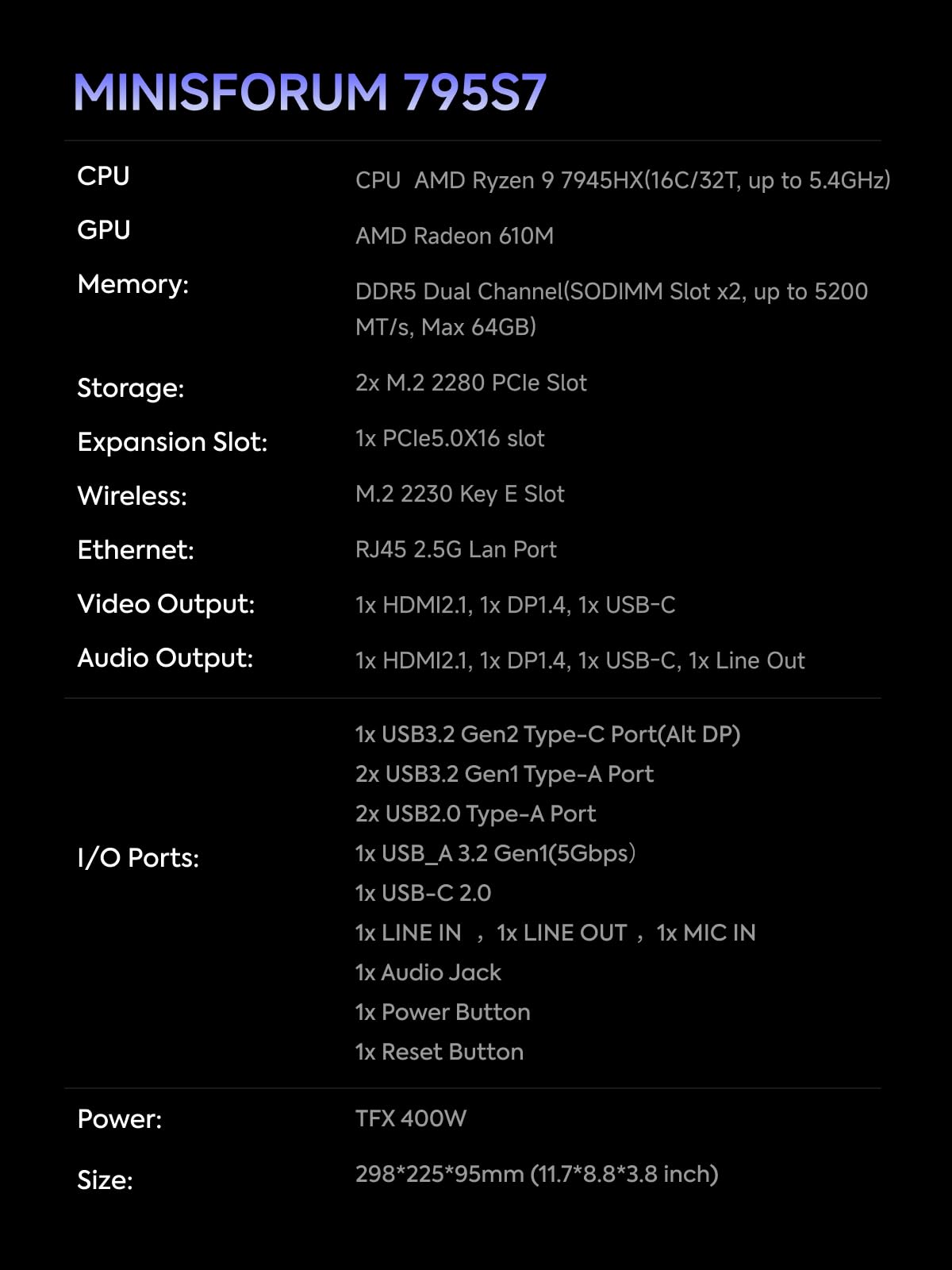 MINISFORUM 795S7 Mini Gaming PC AMD Ryzen 9 7945HX (16C/32T) Barebone Version Tower Computer, 2x DDR5 Slots, 2x PCIe4.0 SSD, HDMI|DP|USB-CTriple Outputs, M.2 2230 Key E Slot, 2.5G Lan Desktop Computer