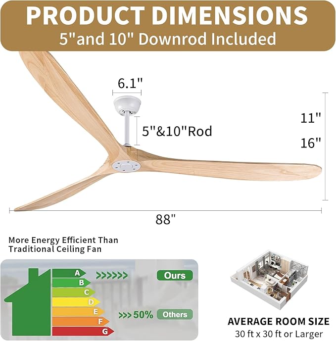 Bigzone 88" Large Outdoor Ceiling Fan With Remote Control, DC Motor Quiet Energy Saving,3 Balsa Wood Blades,Outdoor/Indoor Ceiling Fan With Reversible Blades