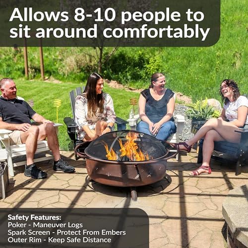 Sunnydaze Cosmic 42-Inch Large Outdoor Fire Pit - Wood-Burning Fire Pit with Round Spark Screen, Poker, and Built-in Grate